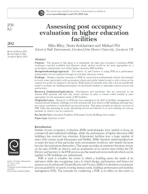 (PDF) Assessing post occupancy evaluation in higher education facilities