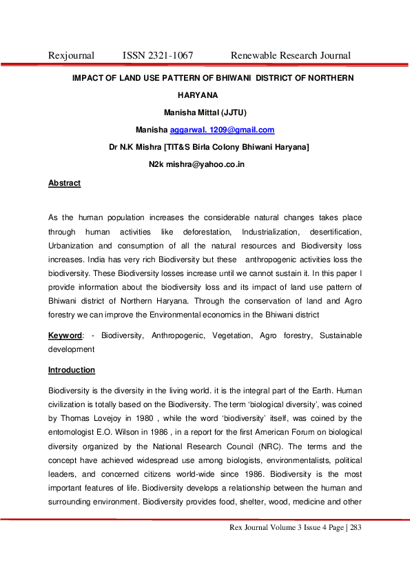 (PDF) IMPACT OF LAND USE PATTERN OF BHIWANI DISTRICT OF NORTHERN