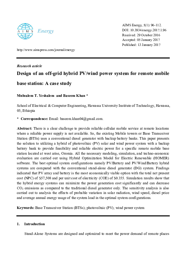 (PDF) Design of an off-grid hybrid PV/wind power system for remote ...