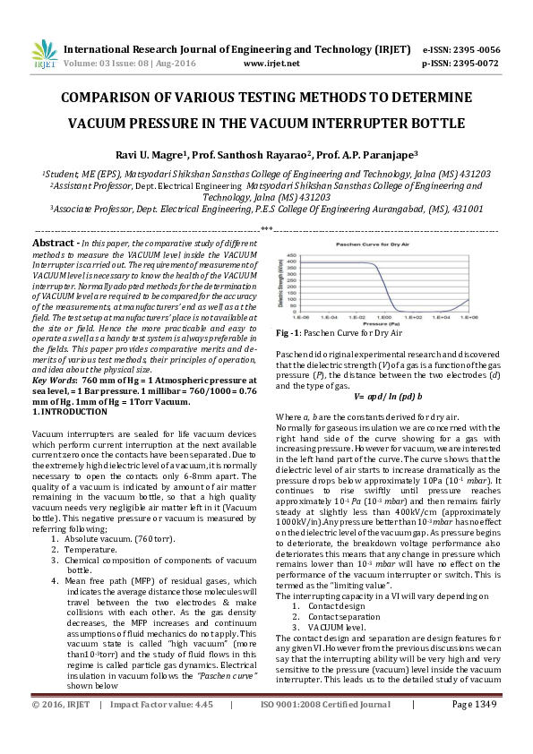(PDF) COMPARISON OF VARIOUS TESTING METHODS TO DETERMINE VACUUM PRESSURE IN THE VACUUM