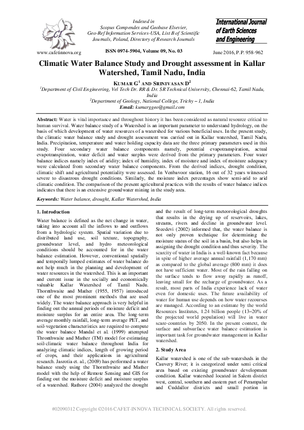 (PDF) Climatic Water Balance Study and Drought assessment in Kallar ...