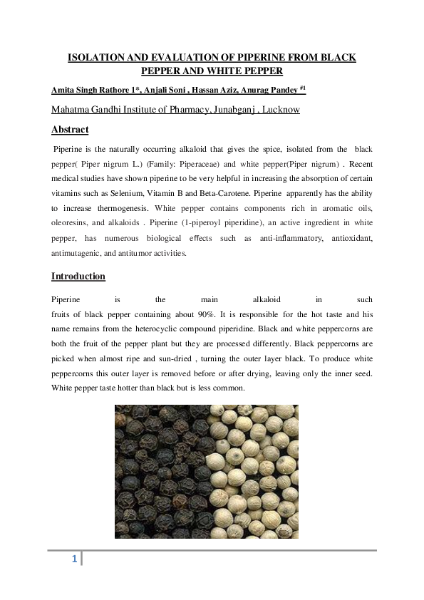 (DOC) ISOLATION AND EVALUATION OF PIPERINE FROM BLACK PEPPER AND WHITE