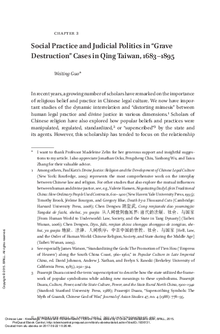 “Social Practice and Judicial Politics in ‘Grave Destruction’ Cases in Qing Taiwan, 1683-1895.” In Chinese Law: Knowledge, Practice, and Transformation, 1530s to 1950s, eds. by Madeleine Zelin and Li Chen (Leiden: Brill, February 2015), 84–123.