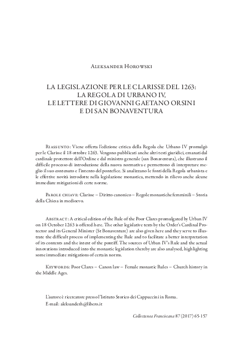 (PDF) LA LEGISLAZIONE PER LE CLARISSE DEL 1263 LA REGOLA DI URBANO IV