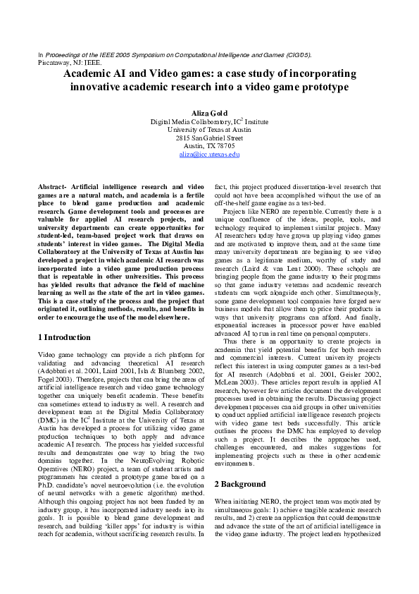 (PDF) Academic AI and Video games: a case study of incorporating