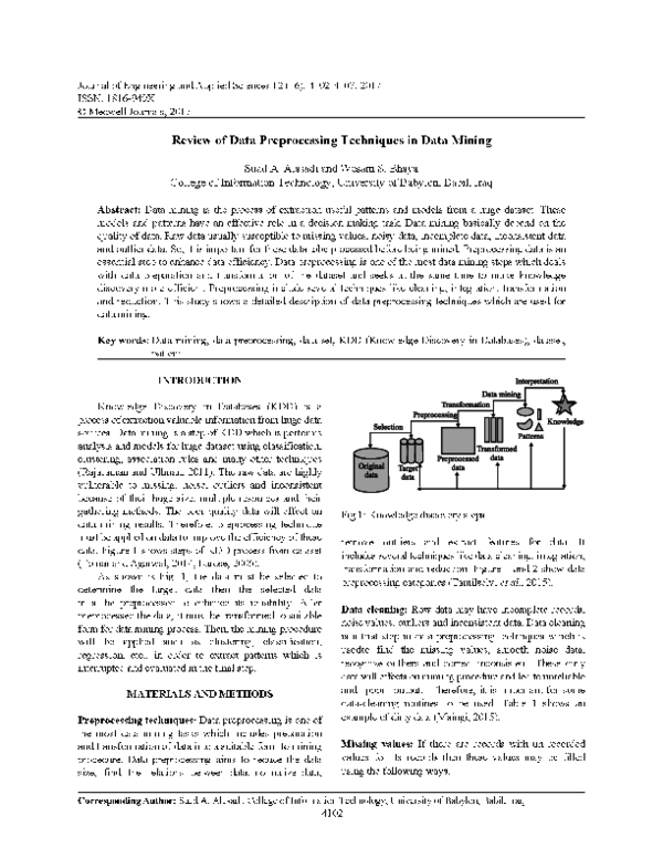 (PDF) Review of Data Preprocessing Techniques in Data Mining