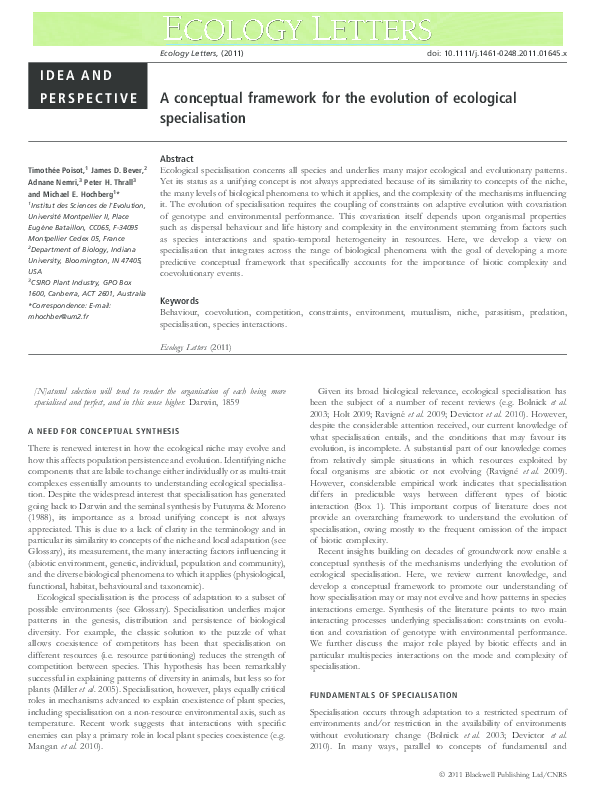 (PDF) A conceptual framework for the evolution of ecological specialisation