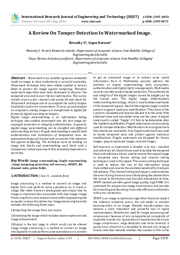 (PDF) A Review On Tamper Detection In Watermarked Image IRJET Journal