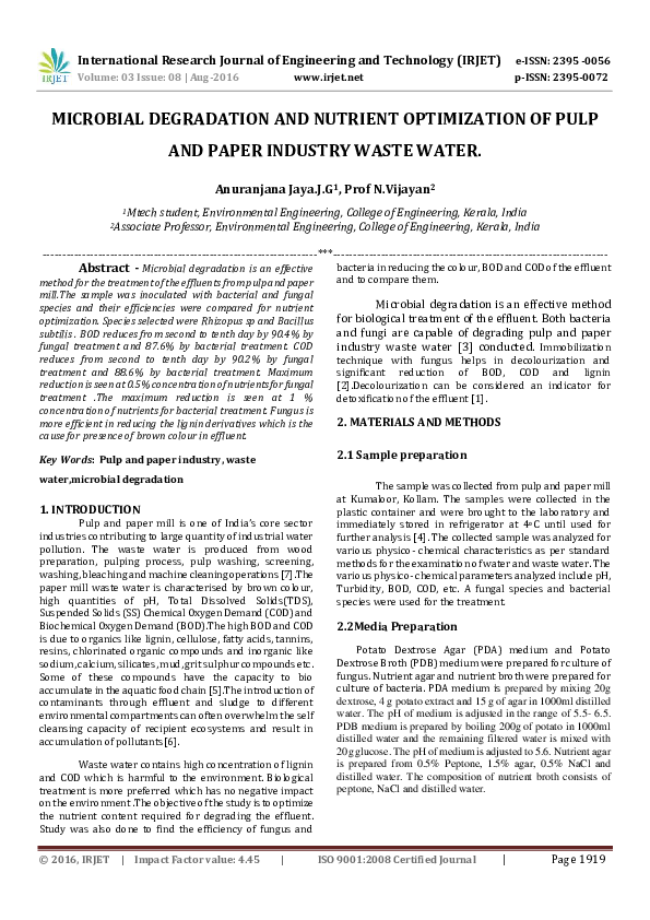 (PDF) MICROBIAL DEGRADATION AND NUTRIENT OPTIMIZATION OF PULP AND PAPER