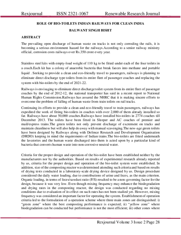 (PDF) ROLE OF BIOTOILETS INDIAN RAILWAYS FOR CLEAN INDIA Rex Journal