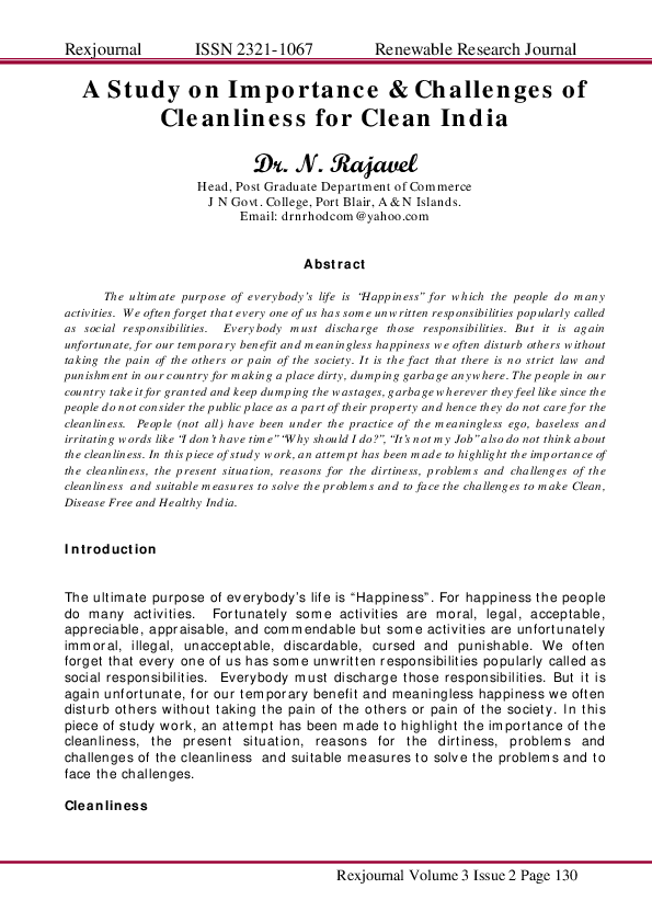 (PDF) A Study on Importance & Challenges of Cleanliness for Clean India