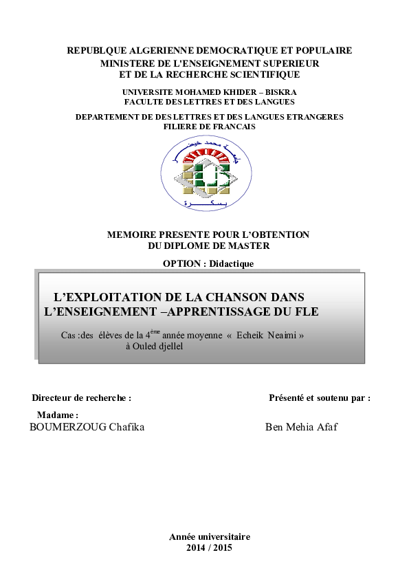 Pdf Republque Algerienne Democratique Et Populaire Ministere De L Enseignement Superieur Et De La Recherche Scientifique L Exploitation De La Chanson Dans L Enseignement Apprentissage Du Fle Cas Des Eleves De La 4 Eme Annee