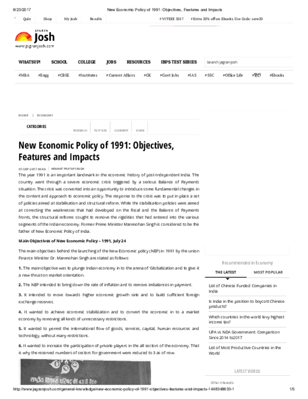 (PDF) New Economic Policy of 1991 Objectives Features and Impacts
