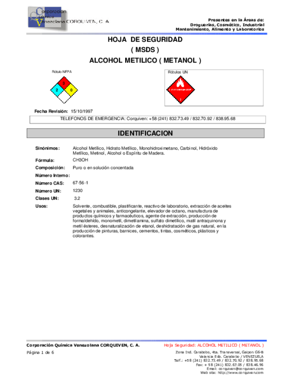(PDF) HOJA DE SEGURIDAD ALCOHOL METILICO ( METANOL ) 2 3 0 Rótulo NFPA