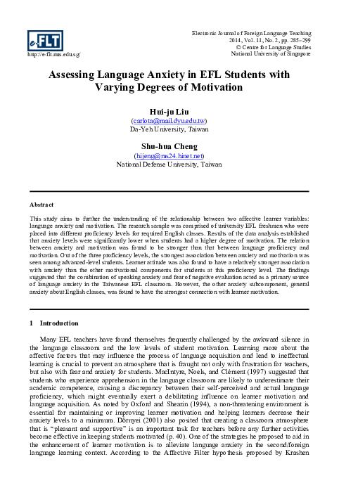 (PDF) Assessing Language Anxiety in EFL Students with Varying Degrees ...