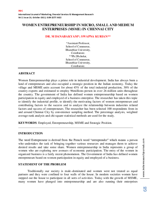 (PDF) WOMEN ENTREPRENEURSHIP IN MICRO, SMALL AND MEDIUM ENTERPRISES ...