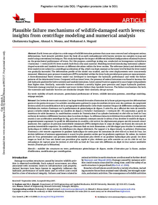 (PDF) Plausible Failure Mechanisms of Wildlifedamaged Earth Levees