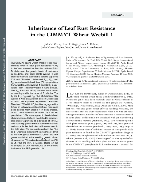(PDF) Inheritance of Leaf Rust Resistance in the CIMMYT Wheat Weebill 1