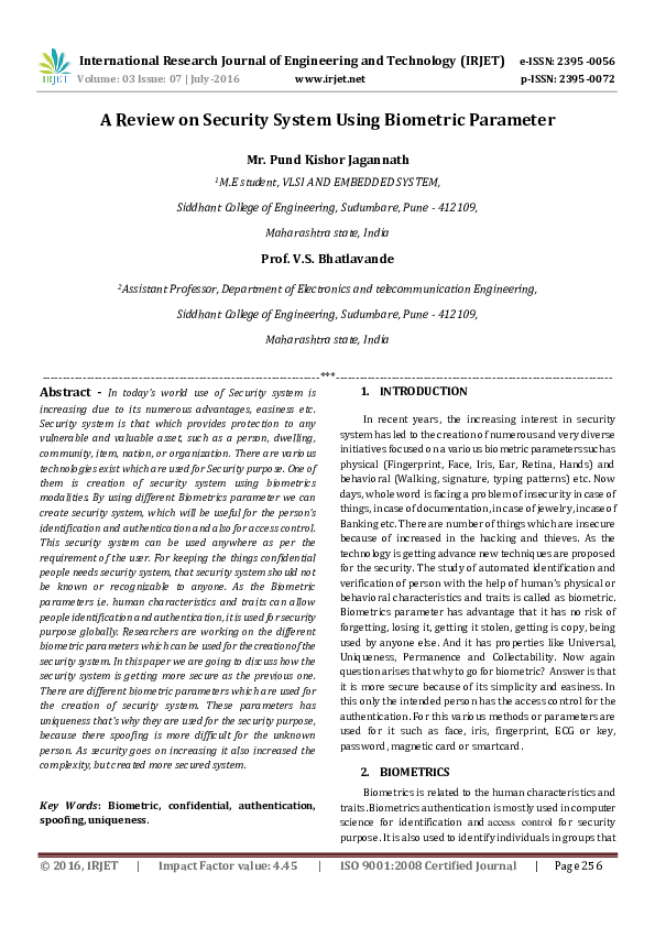 (PDF) A Review on Security System Using Biometric Parameter IRJET