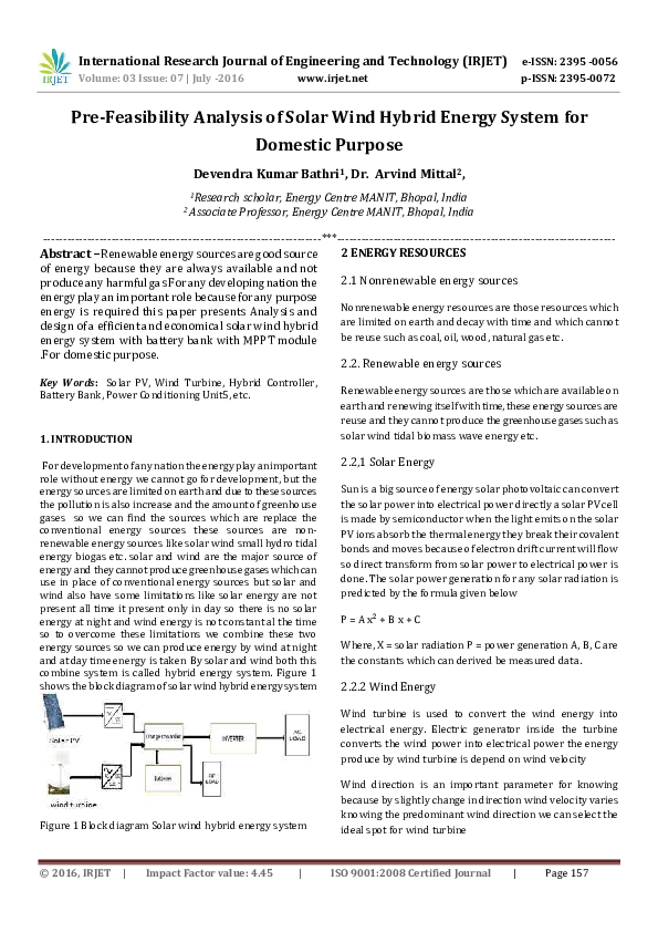 (PDF) PreFeasibility Analysis of Solar Wind Hybrid Energy System for