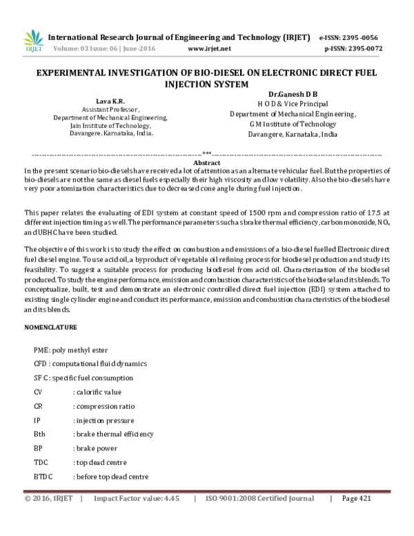 (PDF) EXPERIMENTAL INVESTIGATION OF BIODIESEL ON ELECTRONIC DIRECT