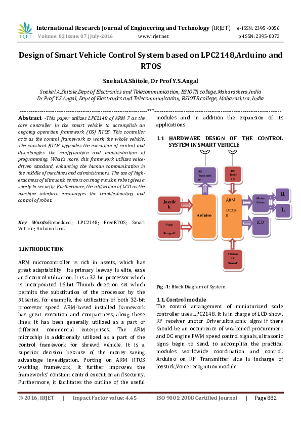 (PDF) Design of Smart Vehicle Control System based on LPC2148,Arduino ...
