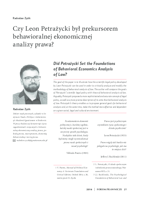(PDF) Czy Leon Petrażycki był prekursorem behawioralnej ekonomicznej