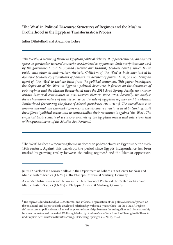 ‘The West’ in Political Discourse Structures of Regimes and the Muslim Brotherhood in the Egyptian Transformation Process