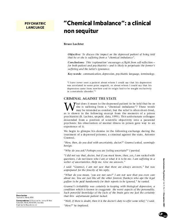 (PDF) " Chemical Imbalance " a clinical non sequitur Bruce Lachter