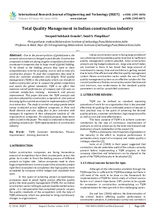 (PDF) Total Quality Management in Indian construction industry | IRJET ...