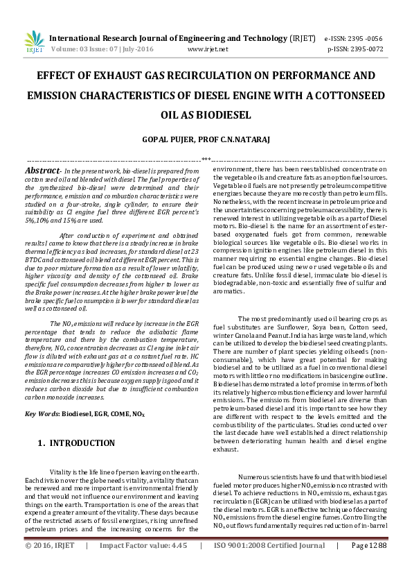 (PDF) EFFECT OF EXHAUST GAS RECIRCULATION ON PERFORMANCE AND EMISSION CHARACTERISTICS OF DIESEL