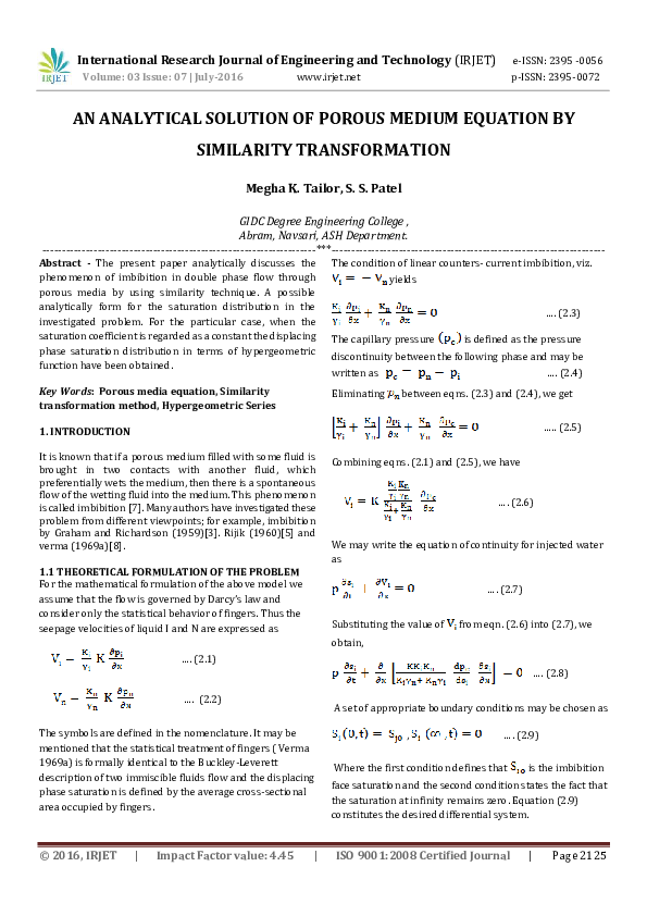 (PDF) AN ANALYTICAL SOLUTION OF POROUS MEDIUM EQUATION BY SIMILARITY
