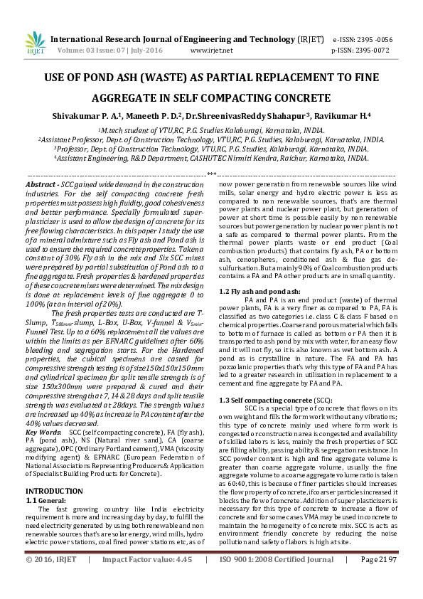 (PDF) USE OF POND ASH (WASTE) AS PARTIAL REPLACEMENT TO FINE AGGREGATE ...
