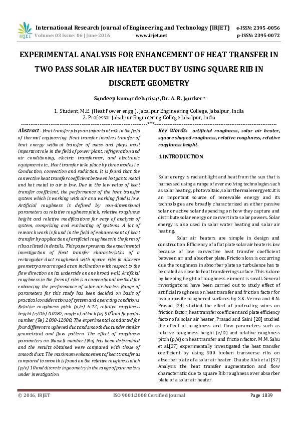 (PDF) EXPERIMENTAL ANALYSIS FOR ENHANCEMENT OF HEAT TRANSFER IN TWO ...