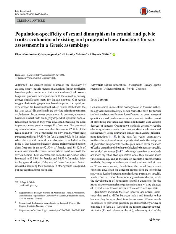 (PDF) Population-specificity of sexual dimorphism in cranial and pelvic ...