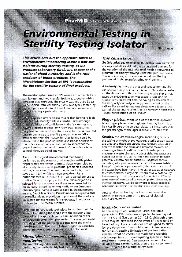 (PDF) Environmental Monitoring in a Sterility Testing Isolator Tim
