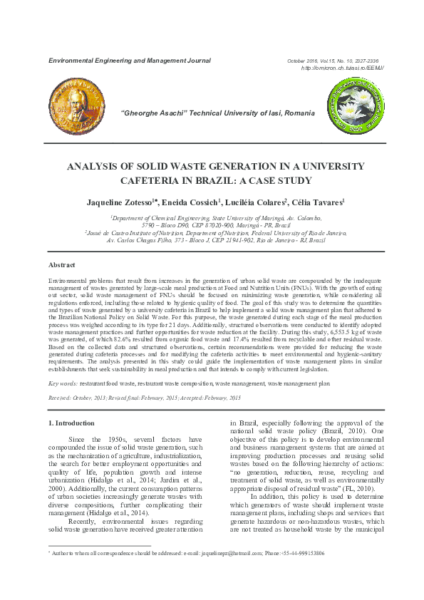 (PDF) ANALYSIS OF SOLID WASTE GENERATION IN A UNIVERSITY CAFETERIA IN ...