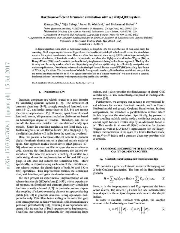 (PDF) Hardware-efficient fermionic simulation with a cavity-QED system