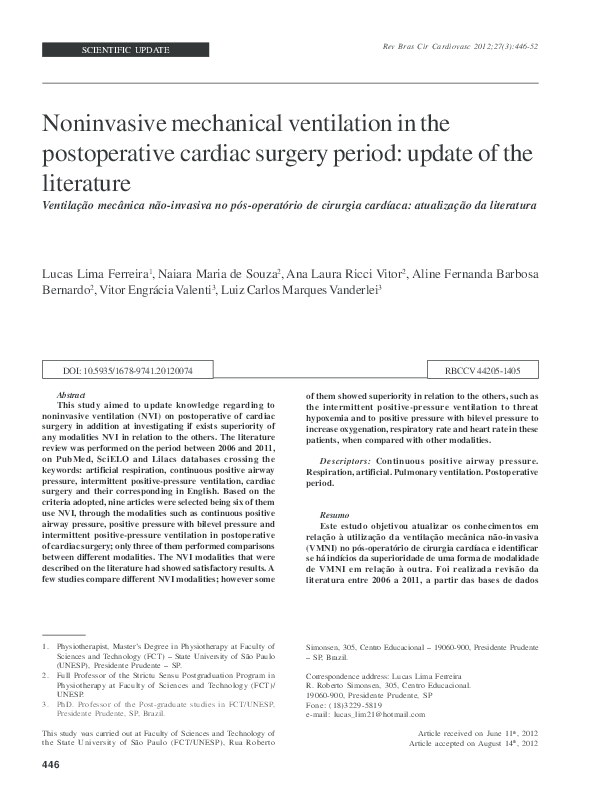 (PDF) Noninvasive mechanical ventilation in the postoperative cardiac