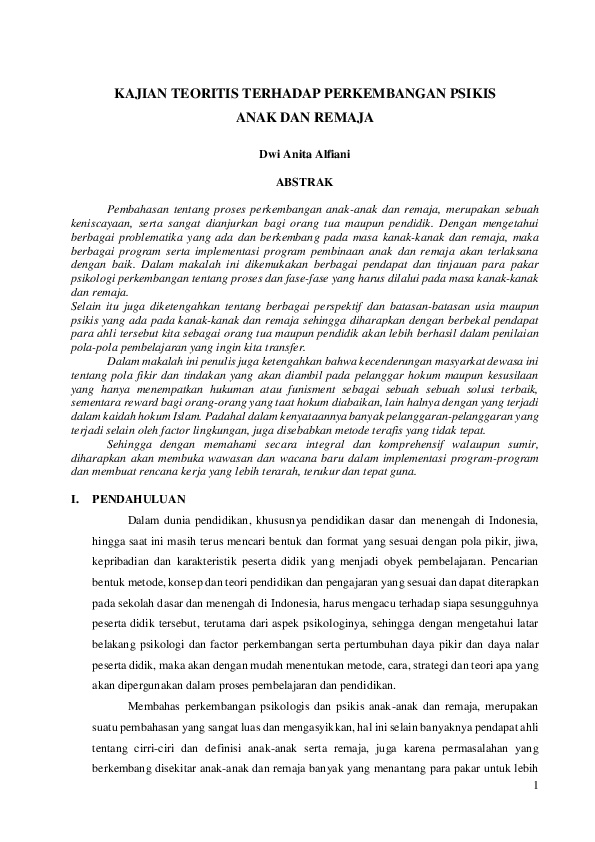 (PDF) KAJIAN TEORITIS TERHADAP PERKEMBANGAN PSIKIS ANAK (PDF) KAJIAN TEORITIS TERHADAP PERKEMBANGAN PSIKIS ANAK