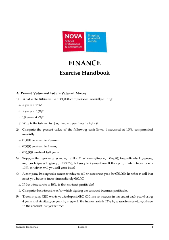 (PDF) Exercise Handbook Finance 1 FINANCE Exercise Handbook A. Present ...