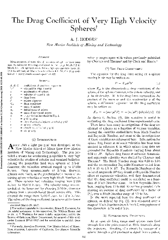 (PDF) The Drag Coefficient of Very High Velocity Spheres 1