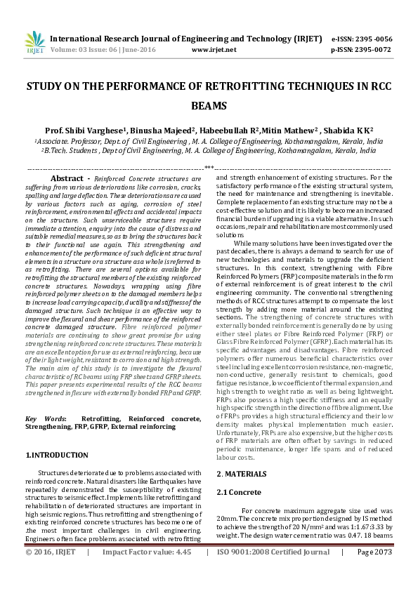 (PDF) STUDY ON THE PERFORMANCE OF RETROFITTING TECHNIQUES IN RCC BEAMS