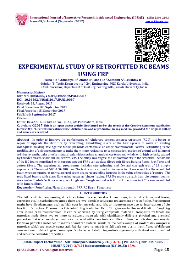 (PDF) EXPERIMENTAL STUDY OF RETROFITTED RC BEAMS USING FRP