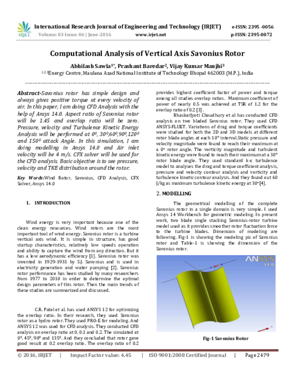 (PDF) Computational Analysis of Vertical Axis Savonius Rotor
