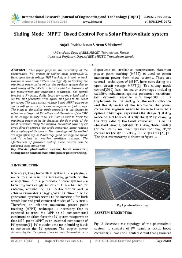 (PDF) Sliding Mode MPPT Based Control For a Solar Photovoltaic system