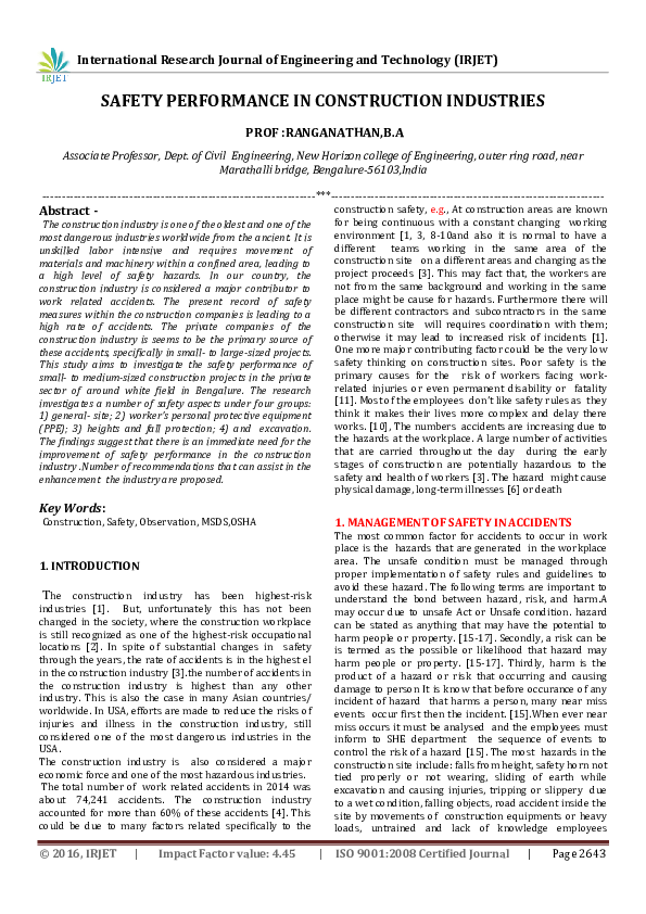 (PDF) SAFETY PERFORMANCE IN CONSTRUCTION INDUSTRIES