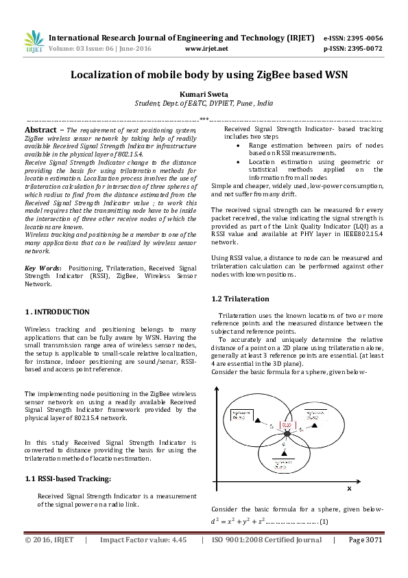 (PDF) Localization of mobile body by using ZigBee based WSN