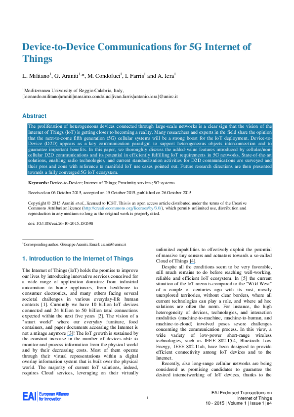(PDF) Device to Device Communications for 5G IoT