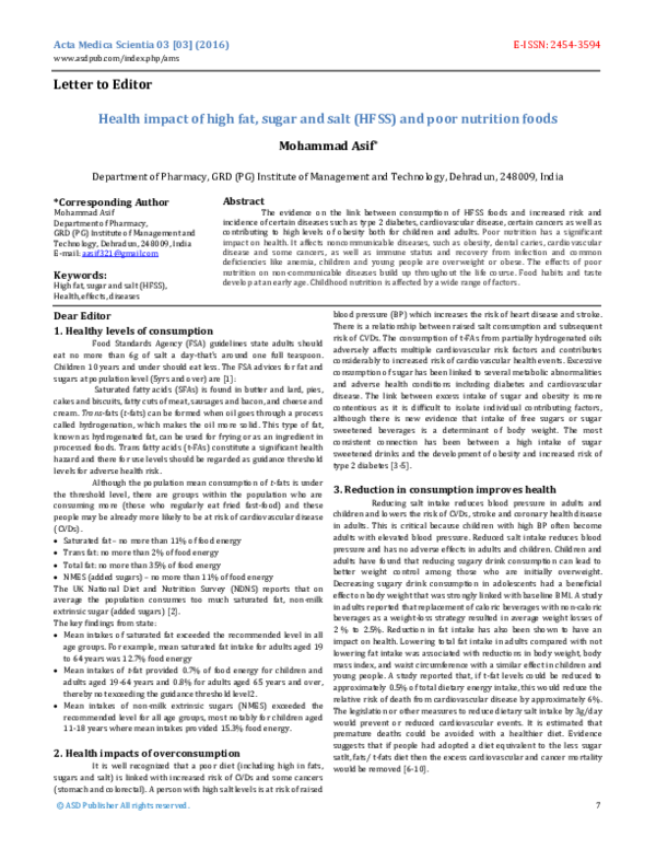 (PDF) Health impact of high fat, sugar and salt (HFSS) and poor ...